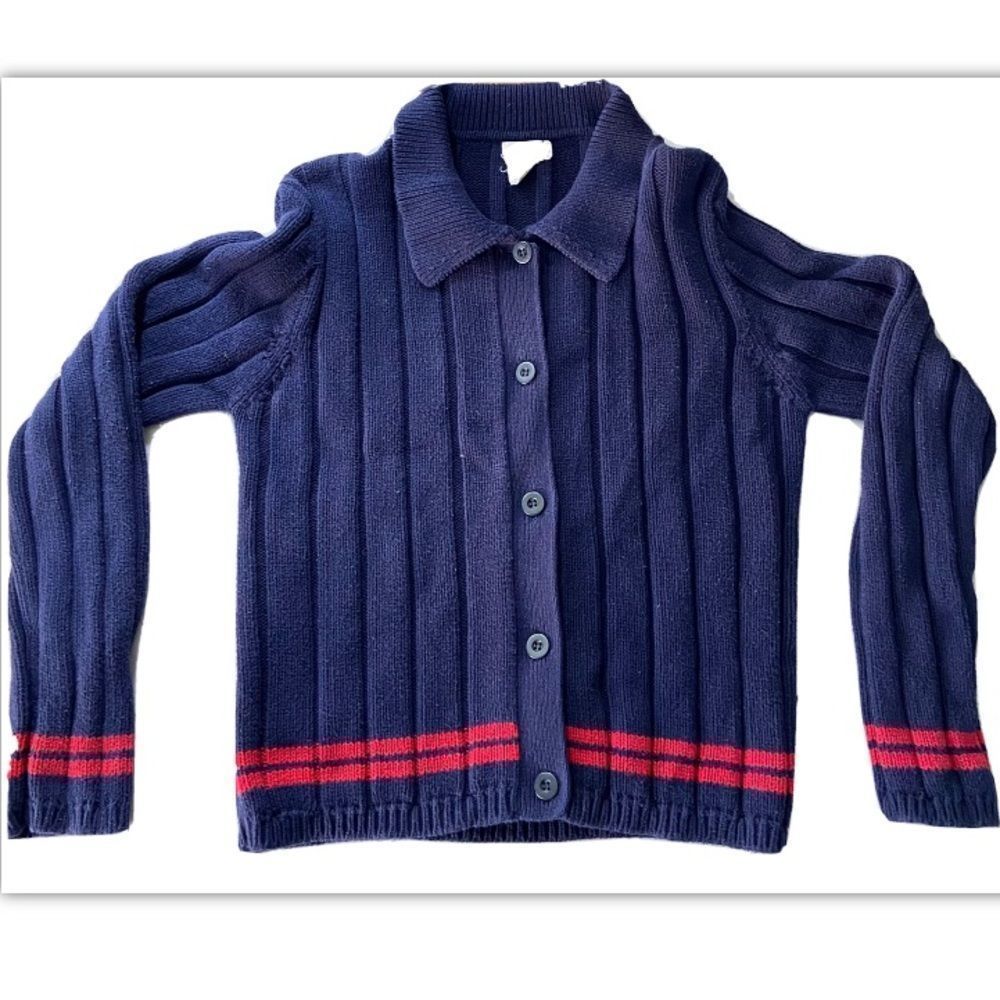 j crew retro cardigan navy blue red stripe collar Cotton